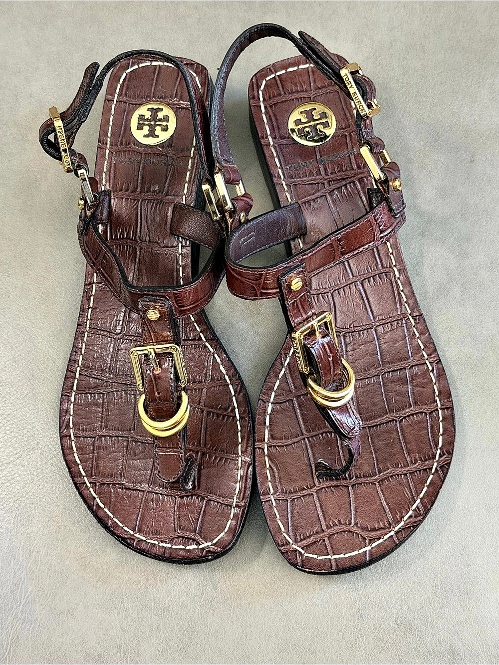 Tory Burch Brown/Gold embossed leather thong sandals/wedges/slingback sandals 6M